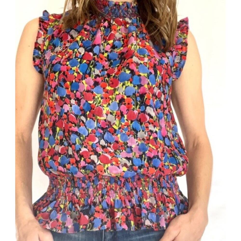 J. Crew Blouse Women's 14 Peplum Brightly Colored Ruffle Smocked Floral Dot